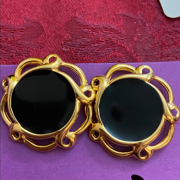 Vintage Signed J.S. Black Enamel Gold Tone Earrings - Picture 1 of 6